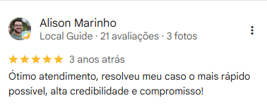 Alison Marinho, avaliação de 5 estrelas: Ótimo atendimento, resolveu meu caso o mais rápido possível, alta credibilidade e compromisso!