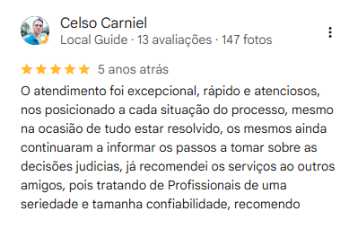 Celso Carniel, avaliação de 5 estrelas: O atendimento foi excepcional, rápido e atenciosos, nos posicionado a cada situação do processo, mesmo na ocasião de tudo estar resolvido, os mesmos ainda continuaram a informar os passos a tomar sobre as decisões judiciais, já recomendei os serviços a outros amigos, pois tratando de Profissionais de uma seriedade e tamanha confiabilidade, recomendo