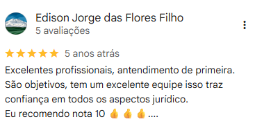 Edison Jorge das Flores Filho, avaliação de 5 estrelas: Excelentes profissionais, atendimento de primeira. São objetivos, tem um excelente equipe isso traz confiança em todos os aspectos jurídico. Eu recomendo nota 10 👍 👍 👍 ....